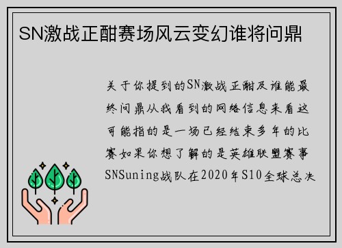 SN激战正酣赛场风云变幻谁将问鼎